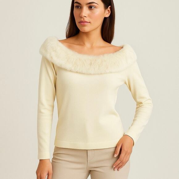 Vintage Size XL Off Shoulder Knit Sweater Rabbit Faux Fur Ivory Off White Cream - Picture 1 of 7